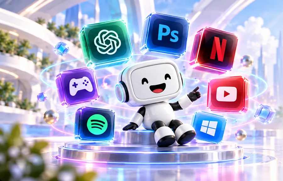 ربات کافه لایسنس و آیکن اشتراک‌های ChatGPT، Photoshop، Netflix، YouTube، Spotify و ویندوز